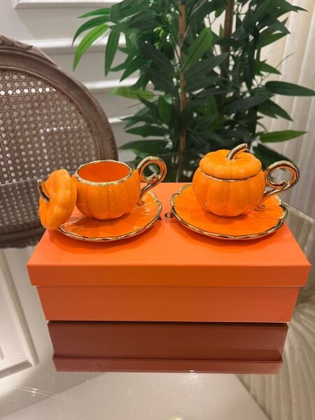 İkili Porselen Kabak Model Türk Kahvesi Fincanı (Turuncu)
