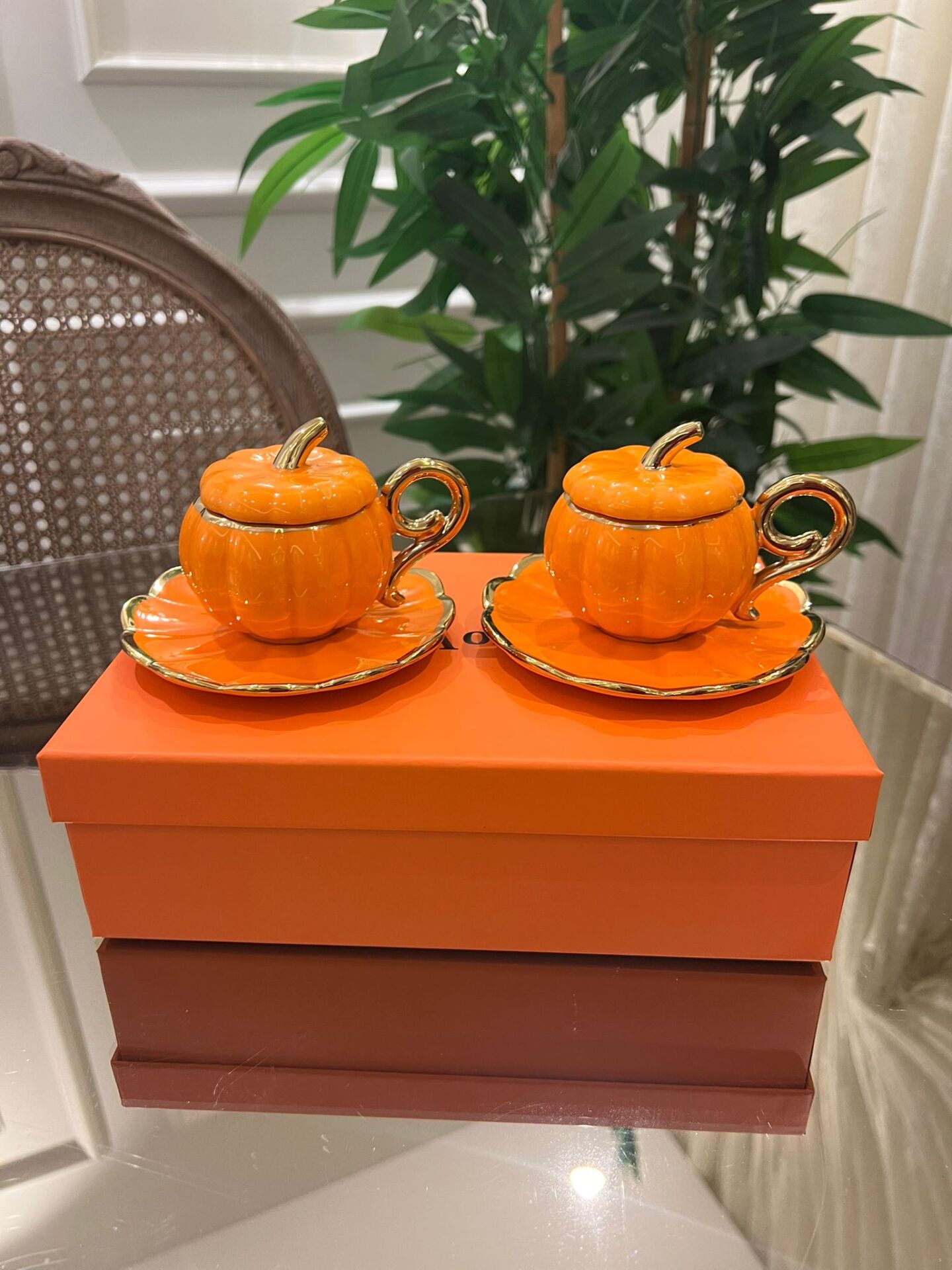 İkili Porselen Kabak Model Türk Kahvesi Fincanı (Turuncu)