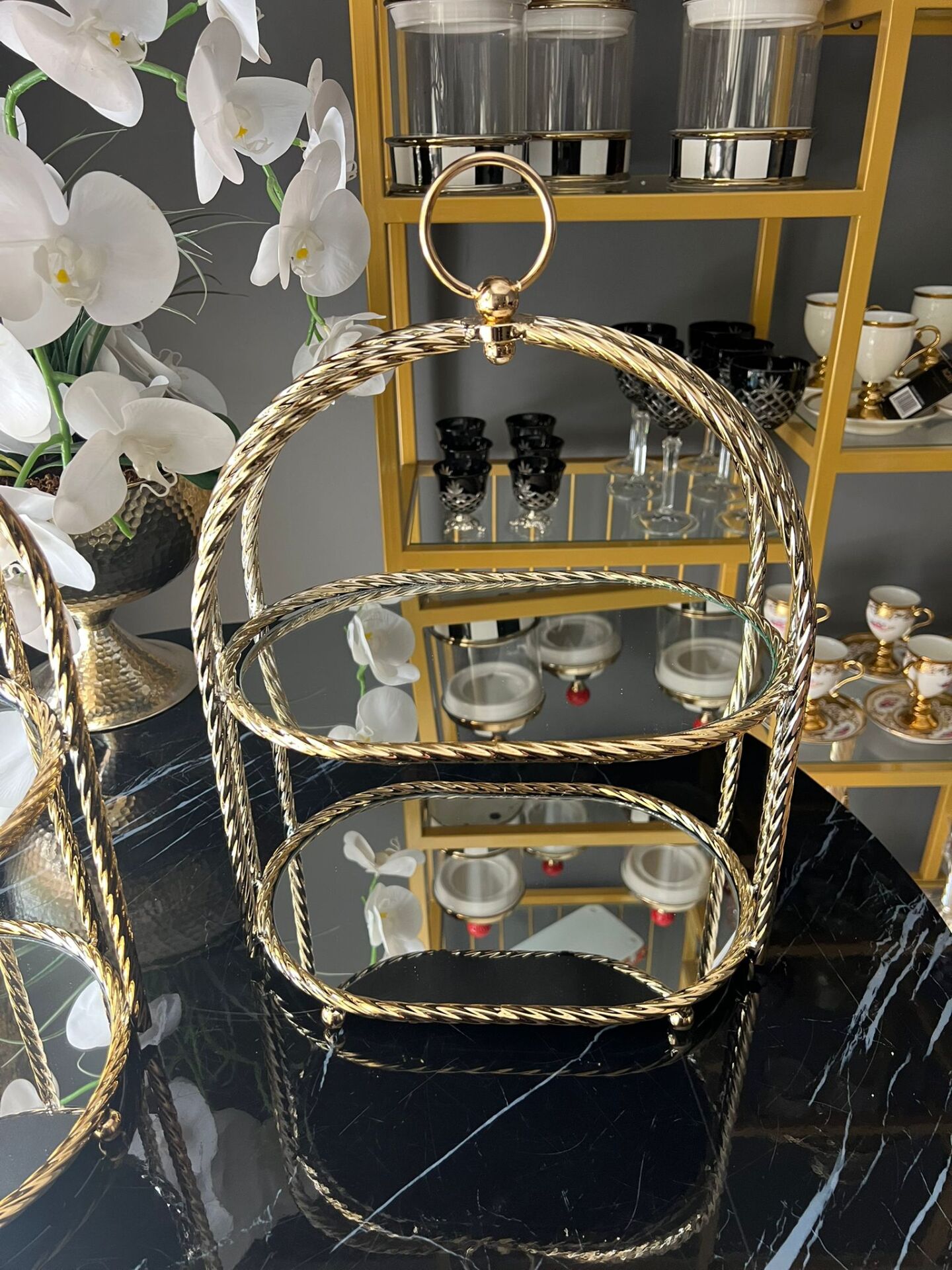 2 Aynalı Gold Oval Stand